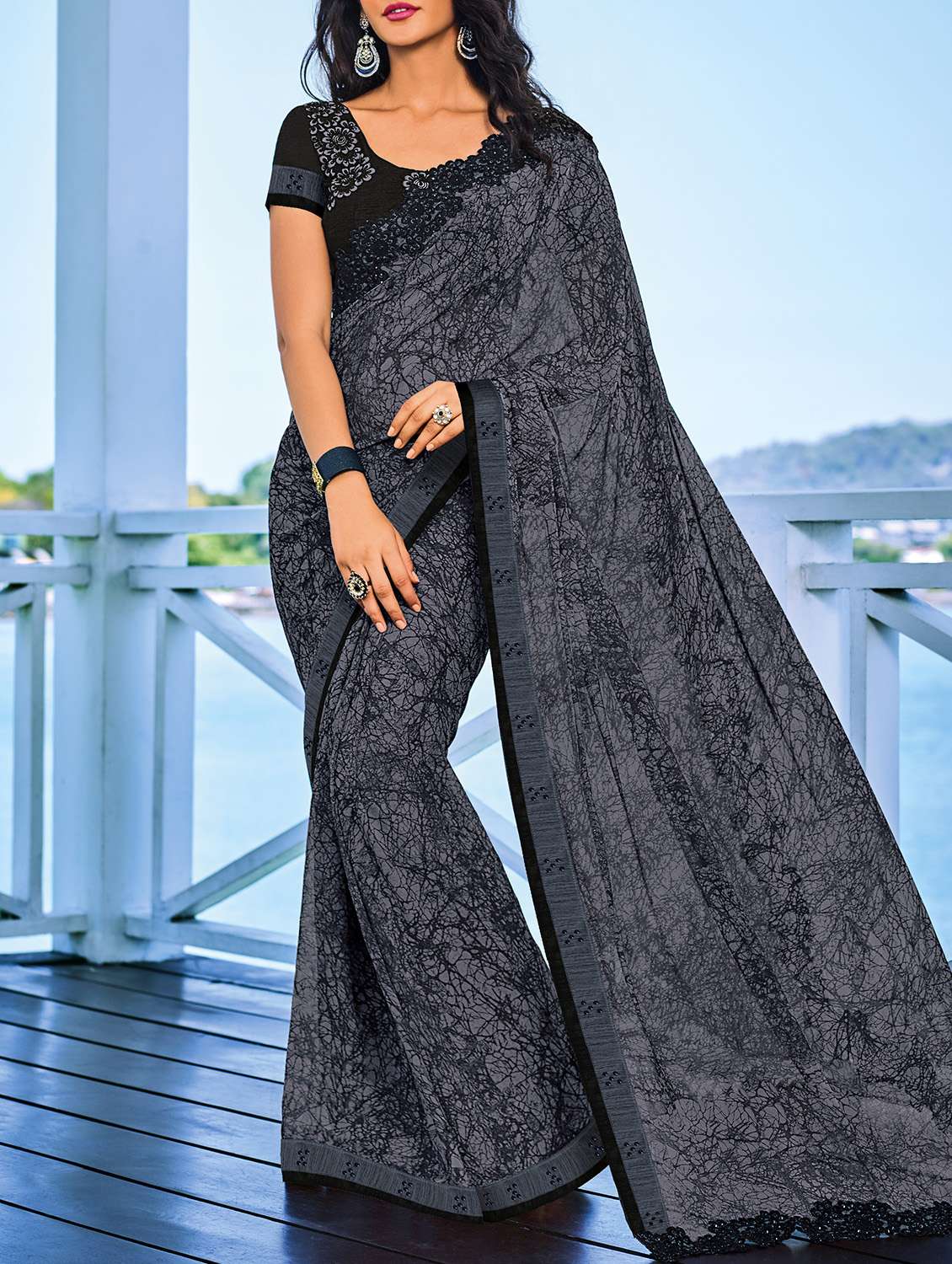 lace border abstract printed saree with blouse