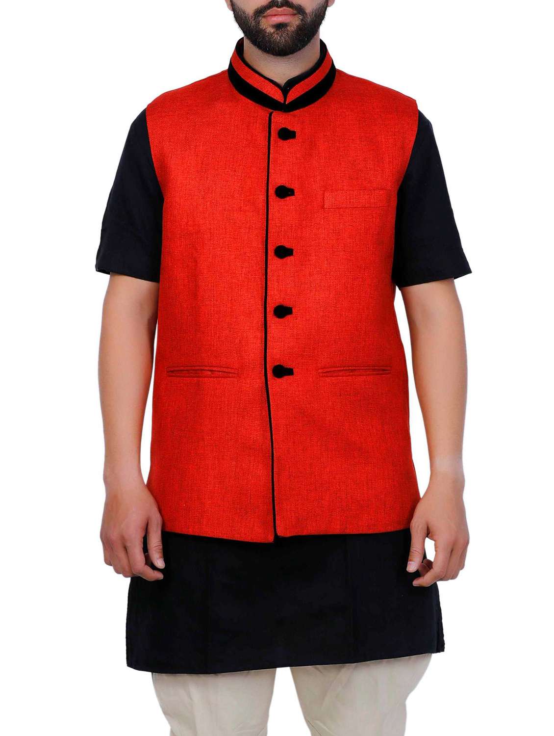 red cotton nehru jacket