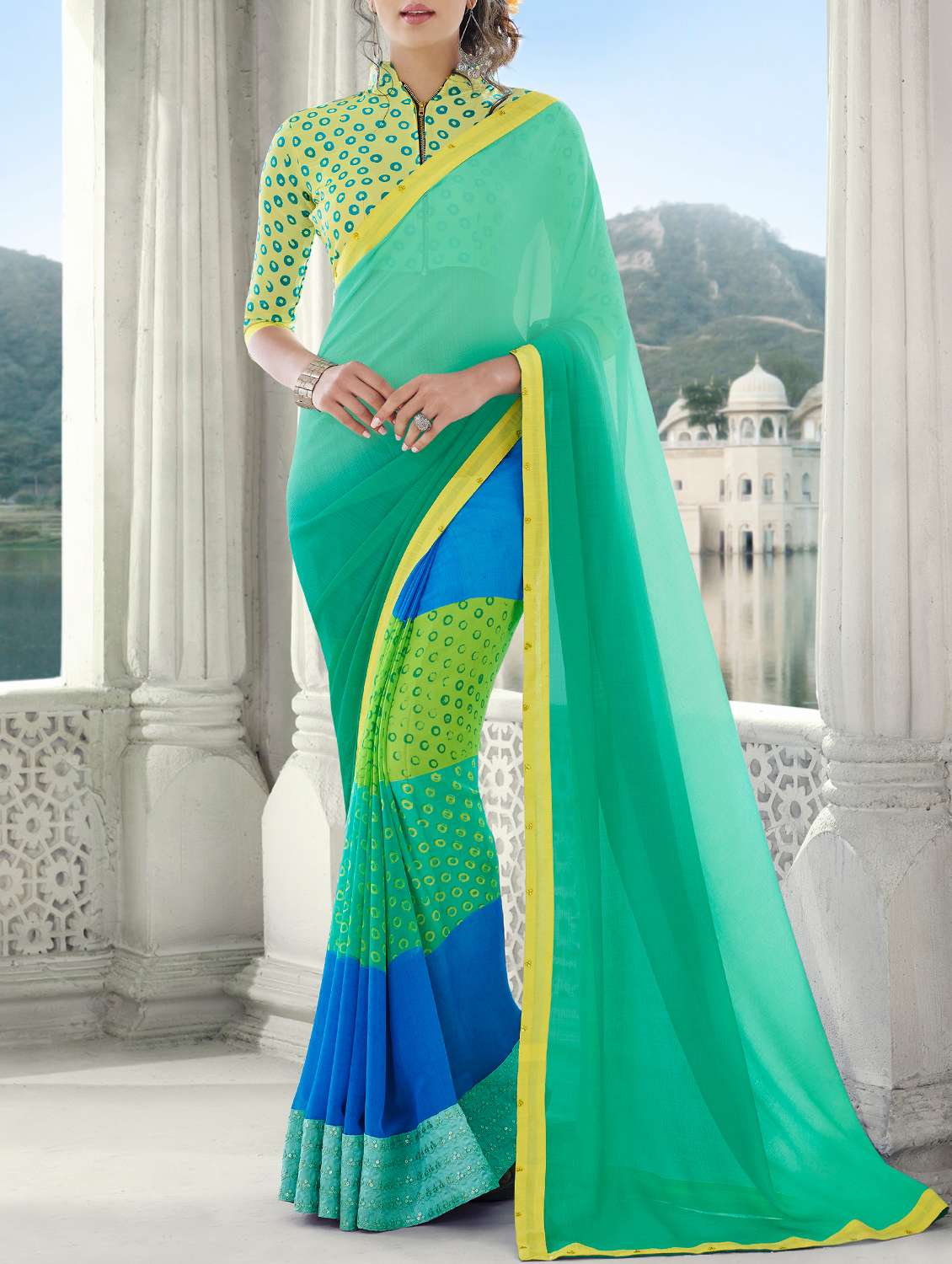 women's bandhani turquoise colored saree with blouse