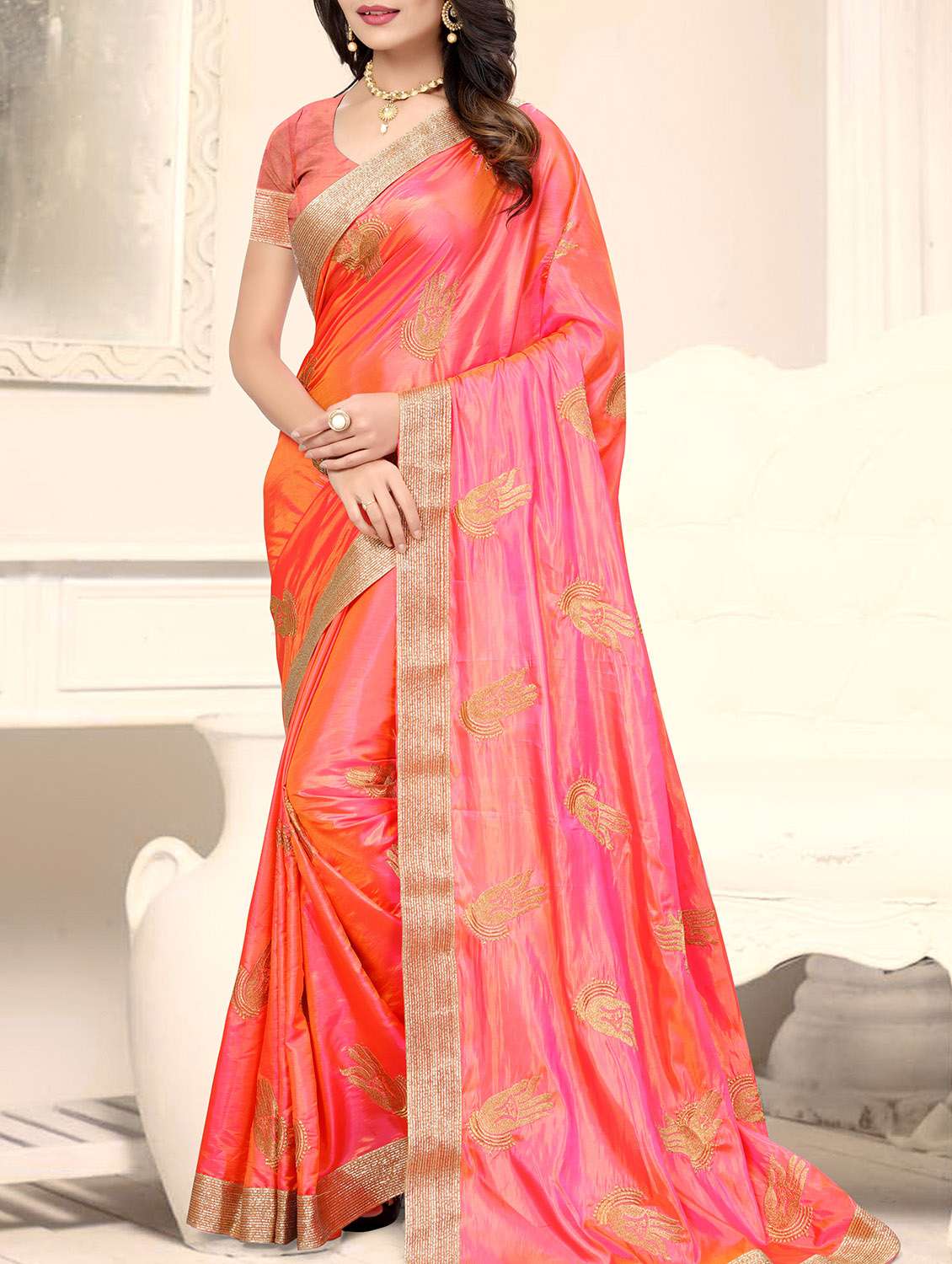 orange silk embroidered saree with blouse