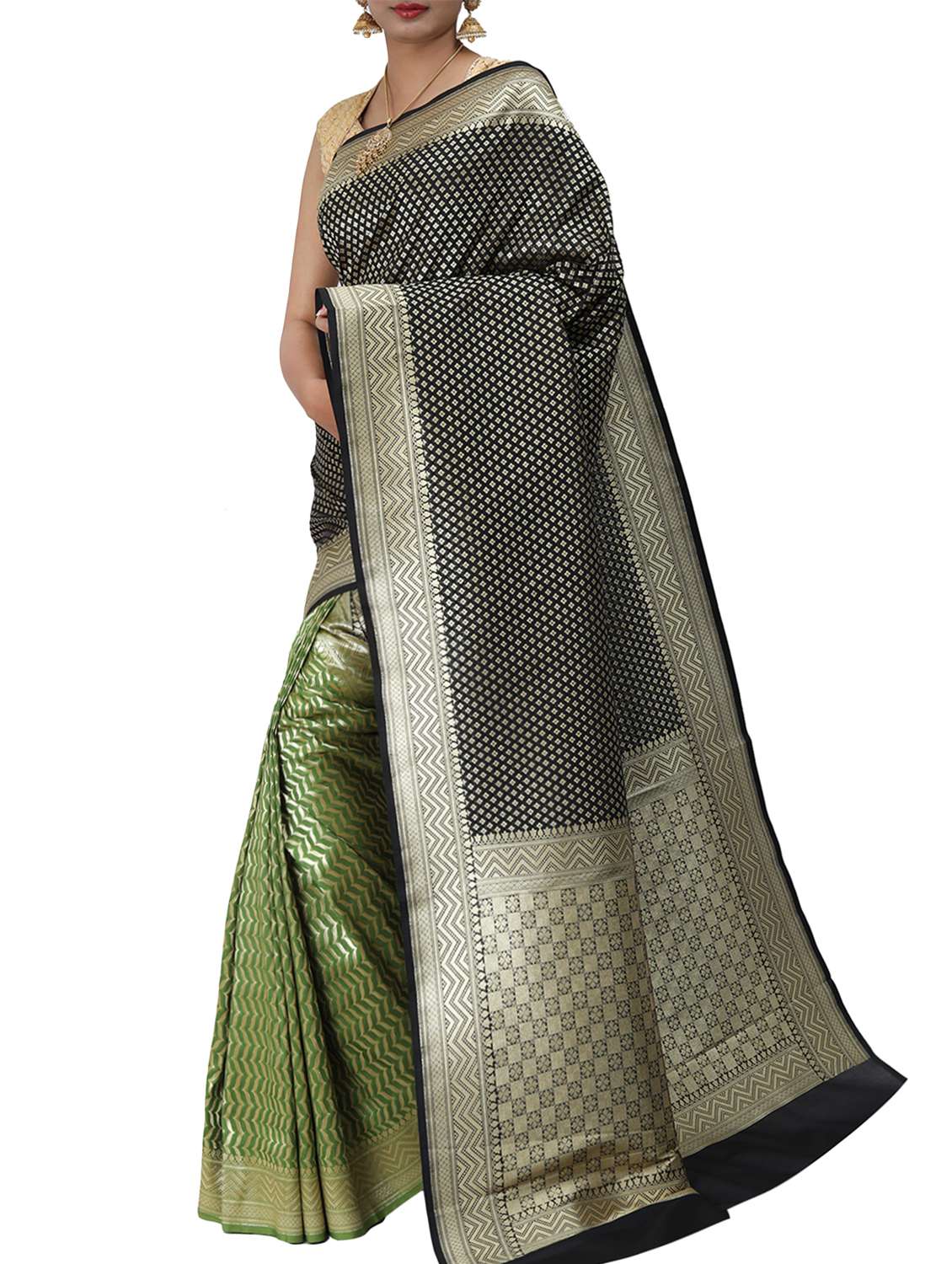 zari motifs half and half saree with blouse