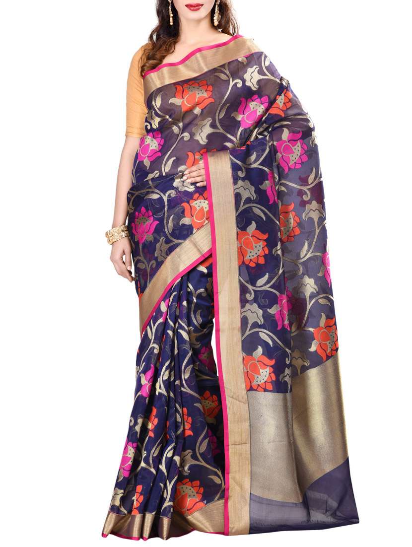 blue cotton blend woven saree with blouse
