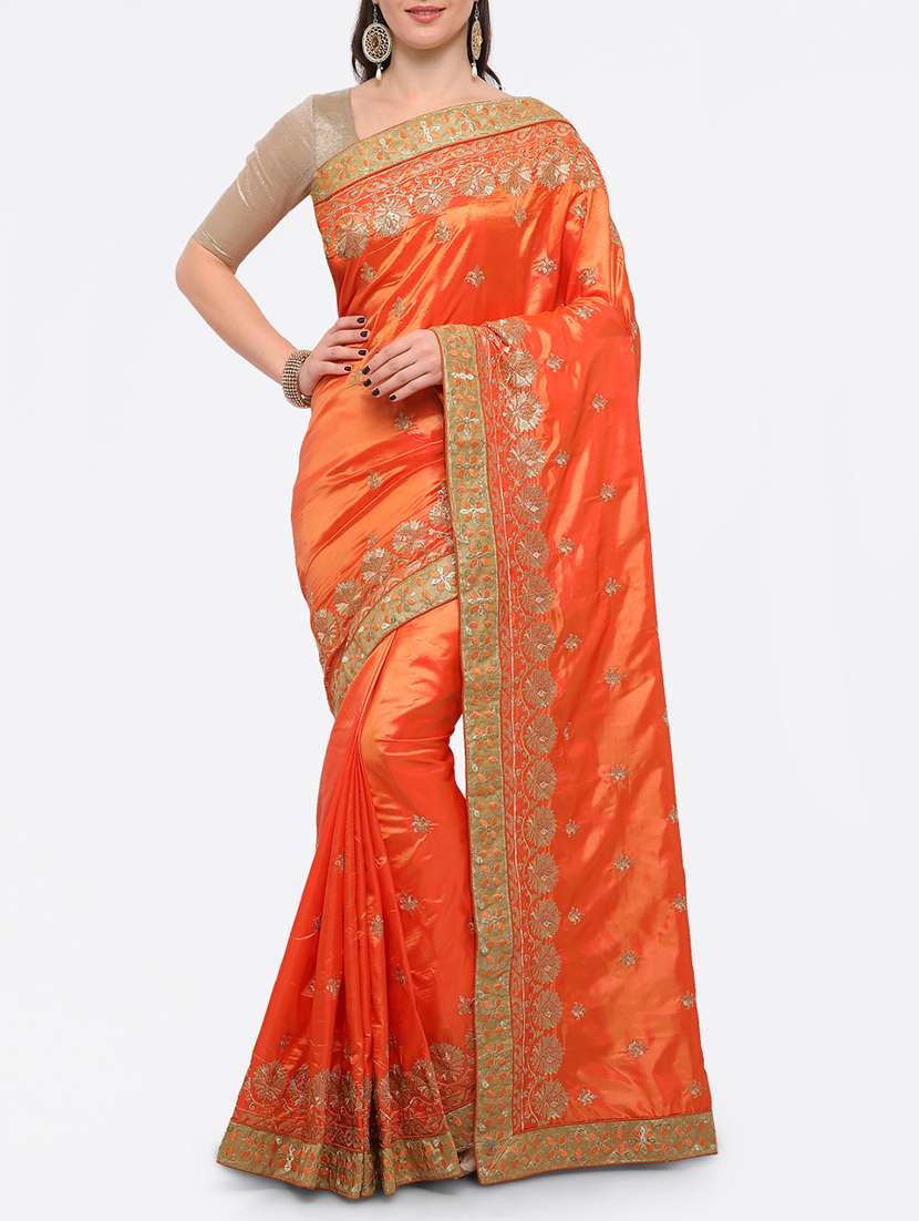 orange silk blend embroidered saree with blouse