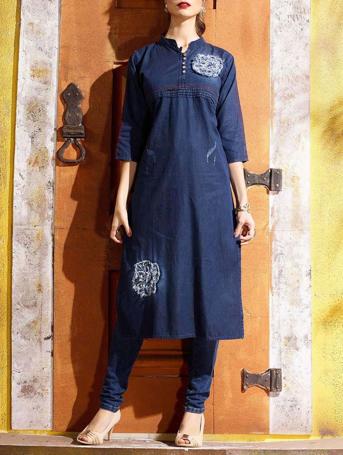 blue denim straight kurta