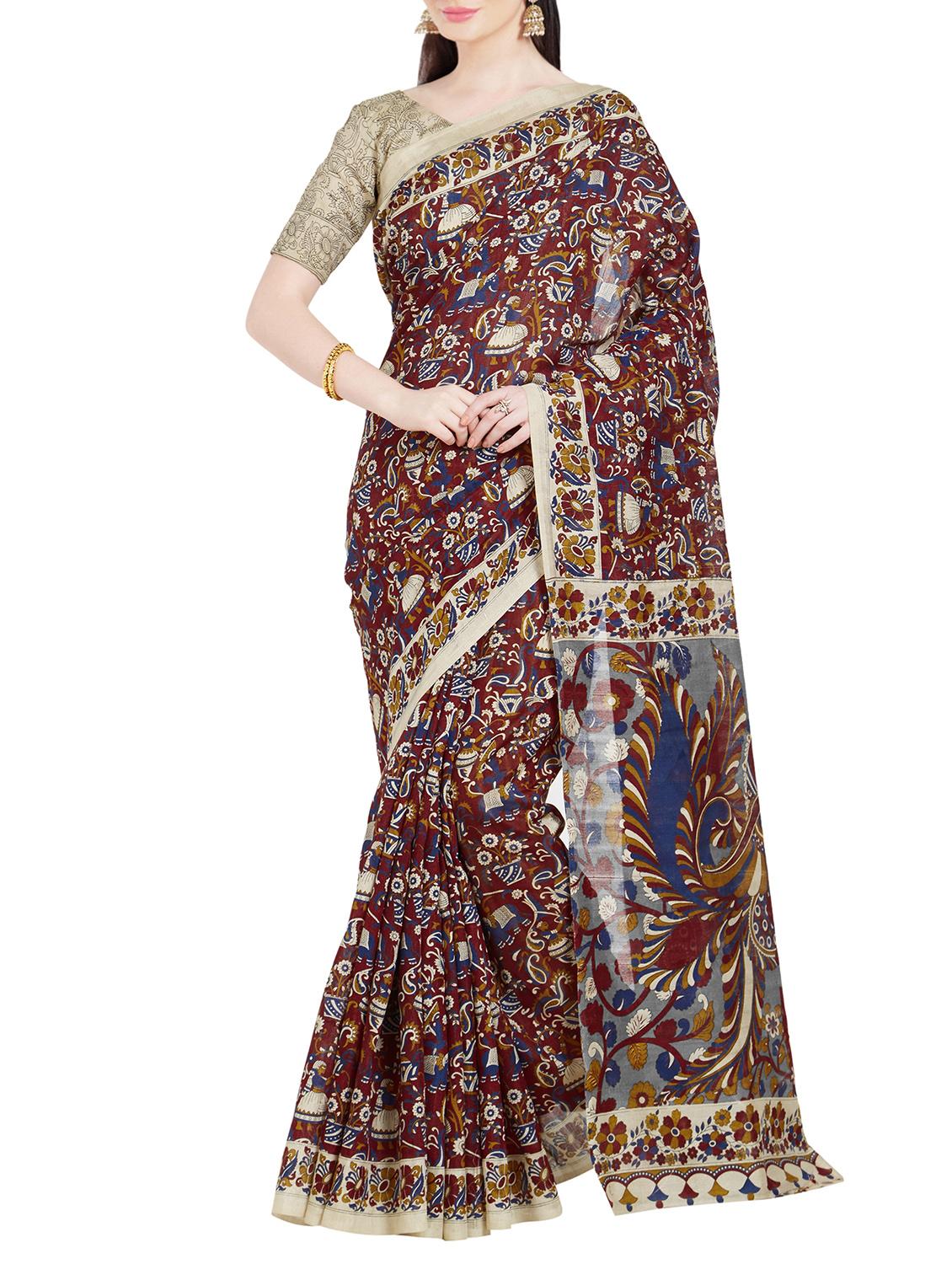 maroon art silk printed saree with blouse