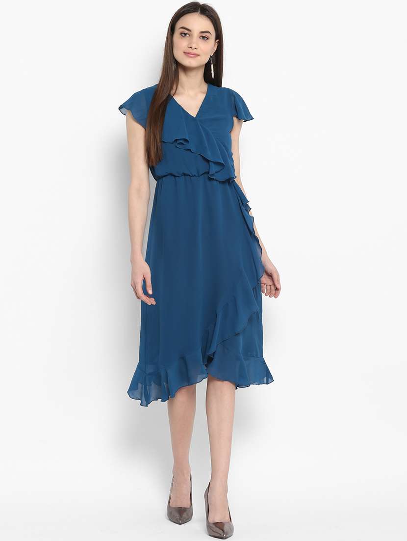 blue solid ruffle dress