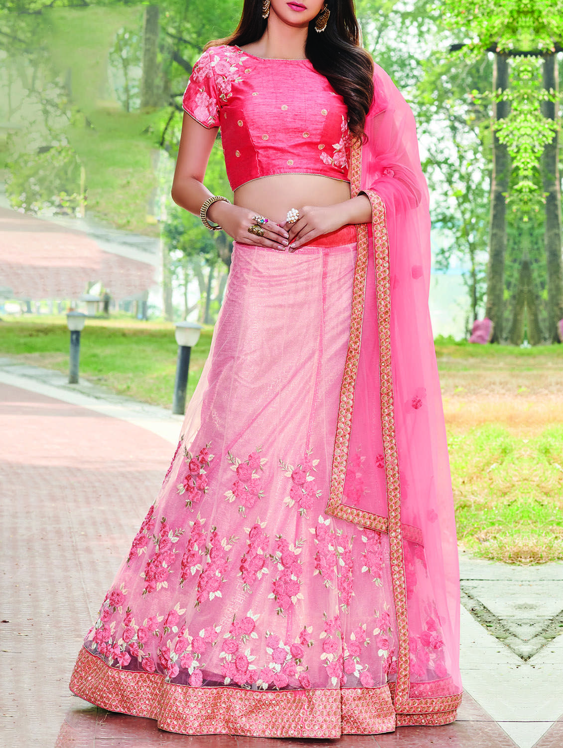 pink net fishtail lehenga