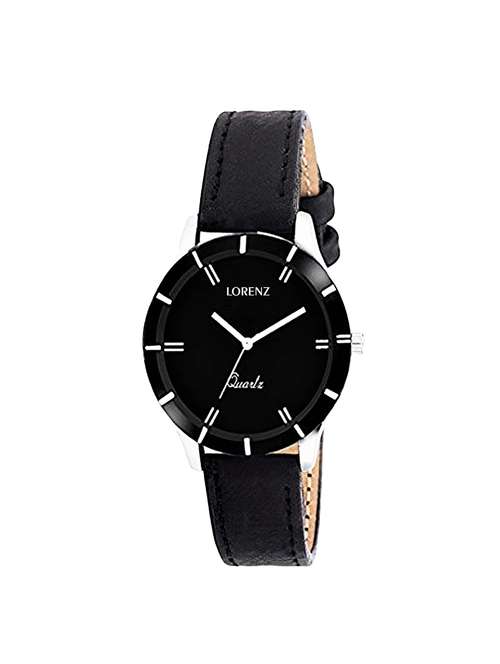 lorenz round black dial leather analog watch for women's & girls