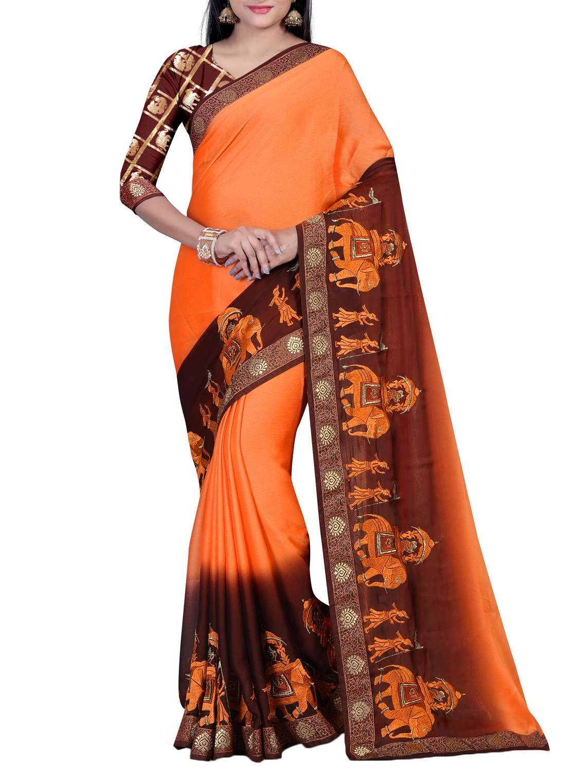 orange embroidered saree with blouse