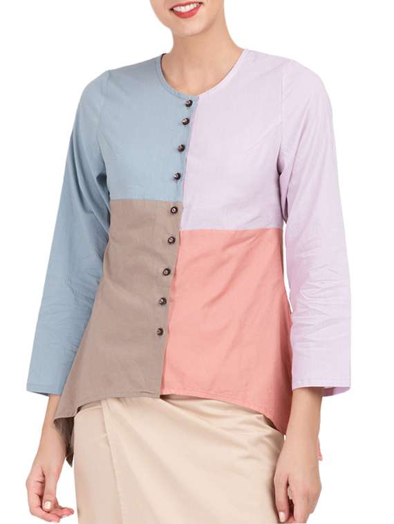 blue color block cotton asymmetric shirt