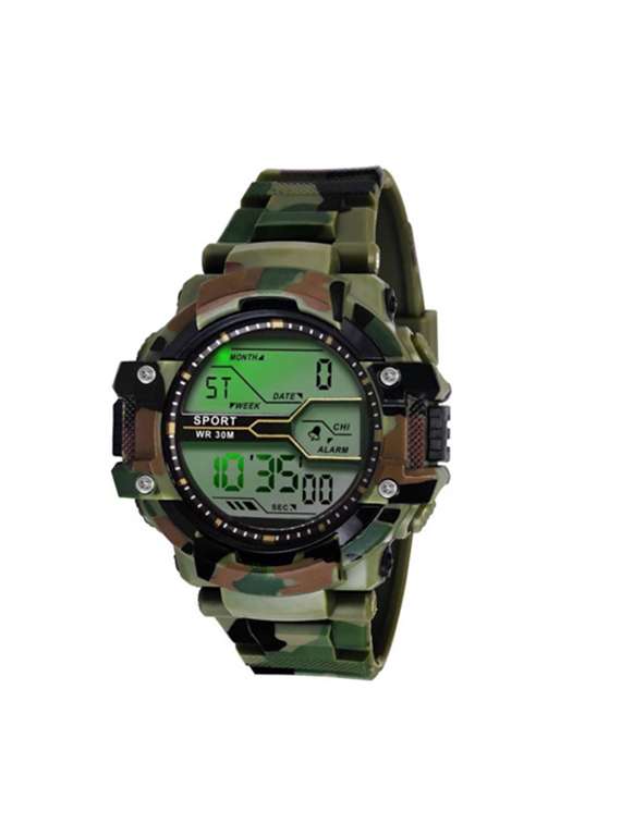 crude 2019 green army pattern 7 light day and date digital casual look watch watch - for boys
