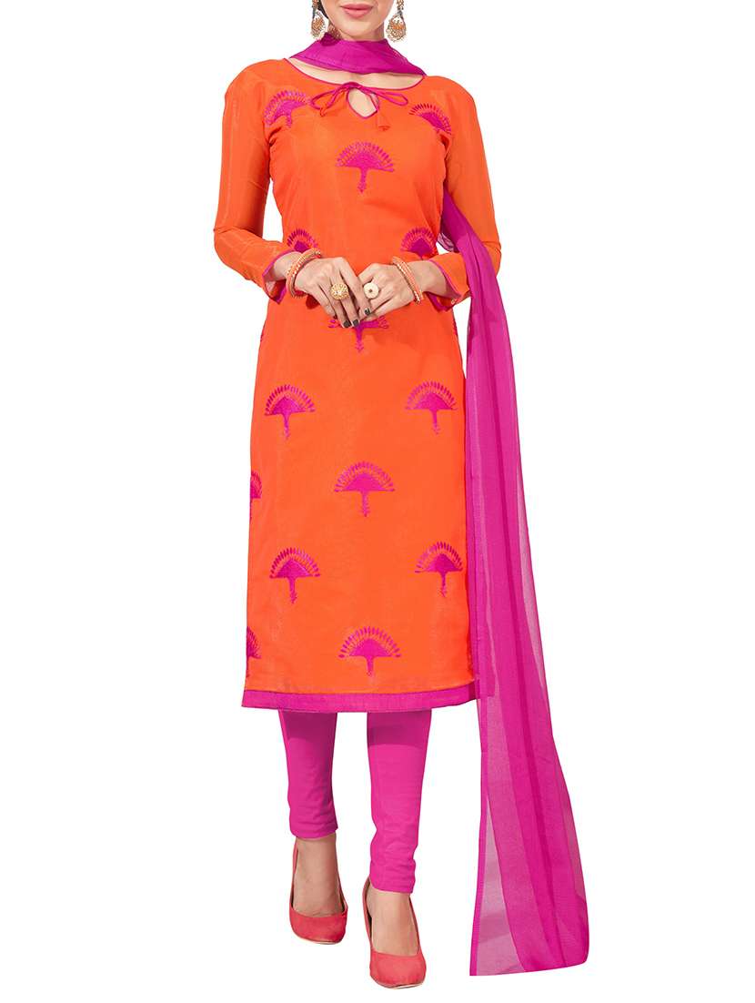 orange cotton unstitched churidaar suit
