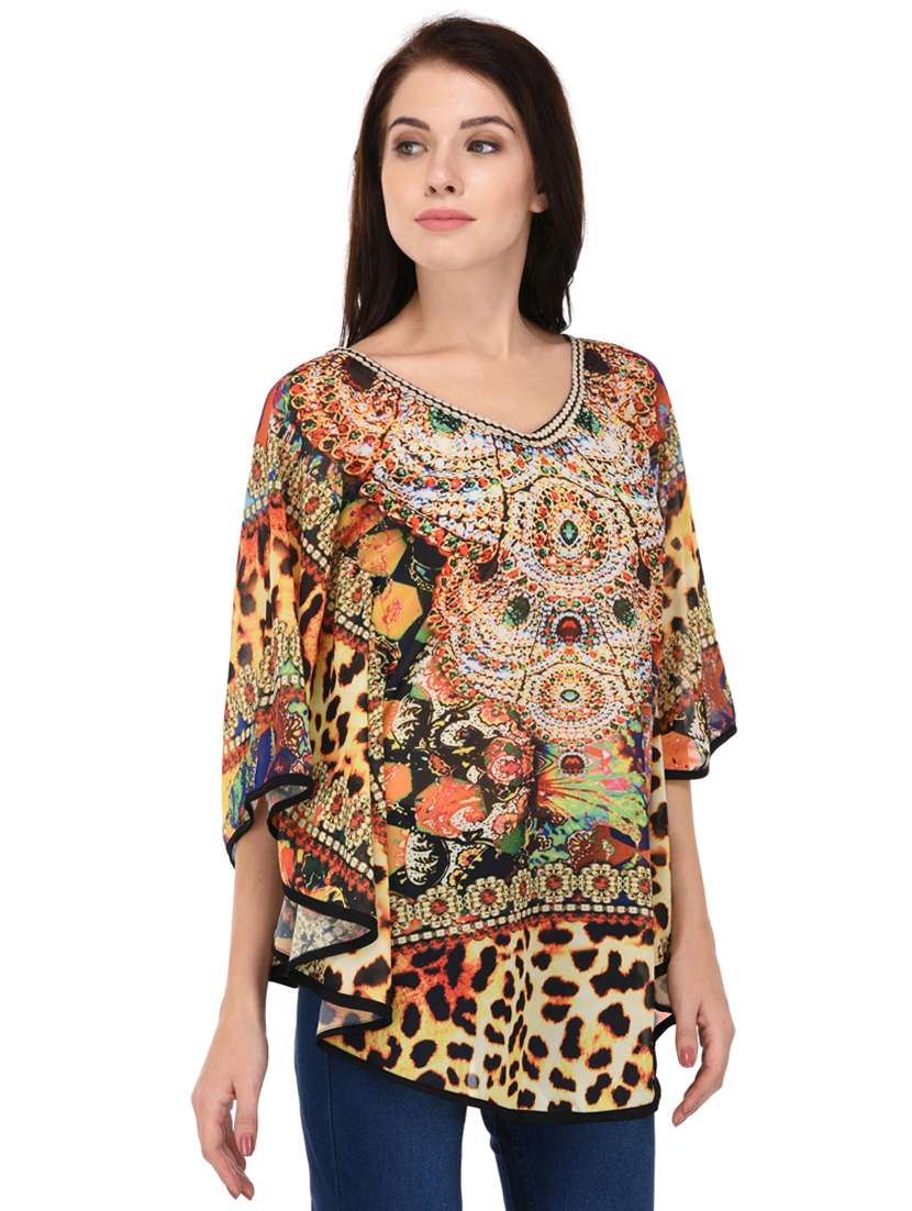 yellow relaxed fit printed kaftan top 