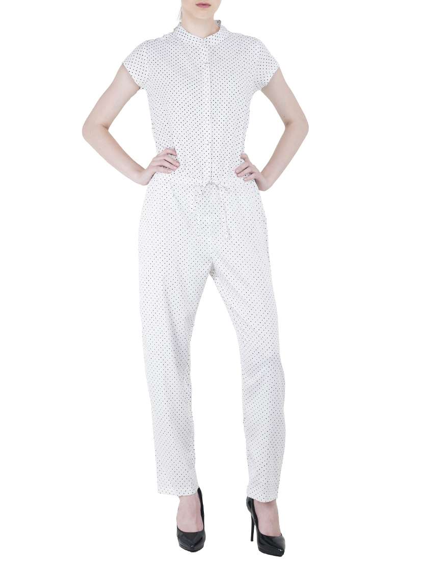 white printed crepe full leg jumpsuit