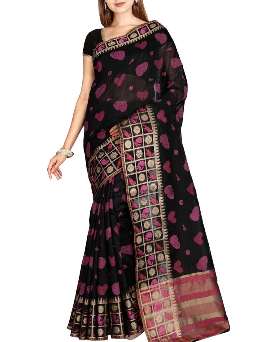 black cotton blend printed saree with blouse