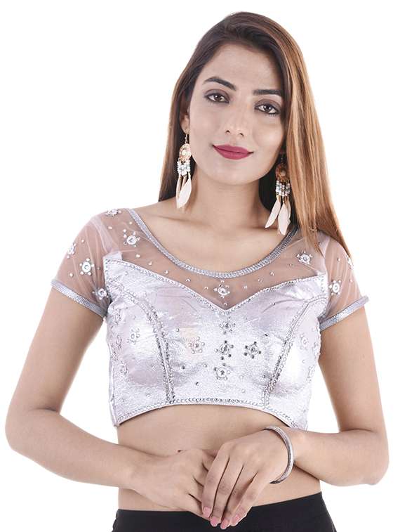 silver silk embroidered blouse