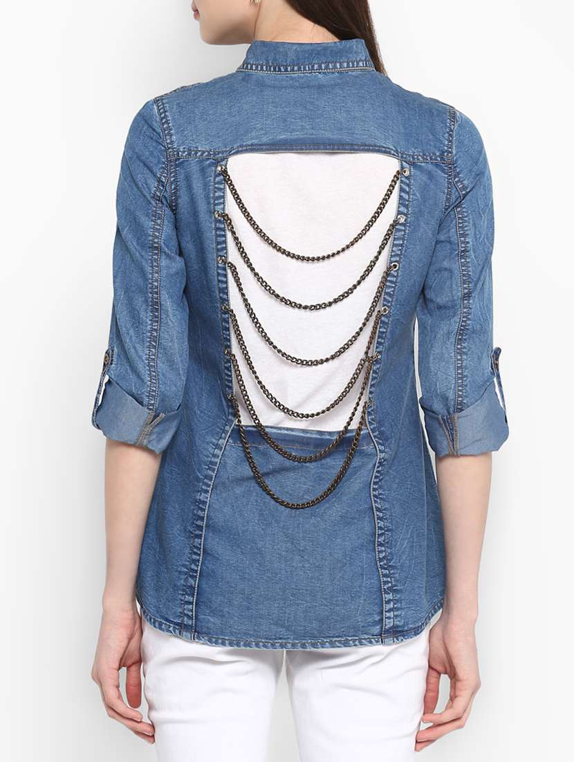 blue solid denim shirt - 15085539 -  Standard Image - 2