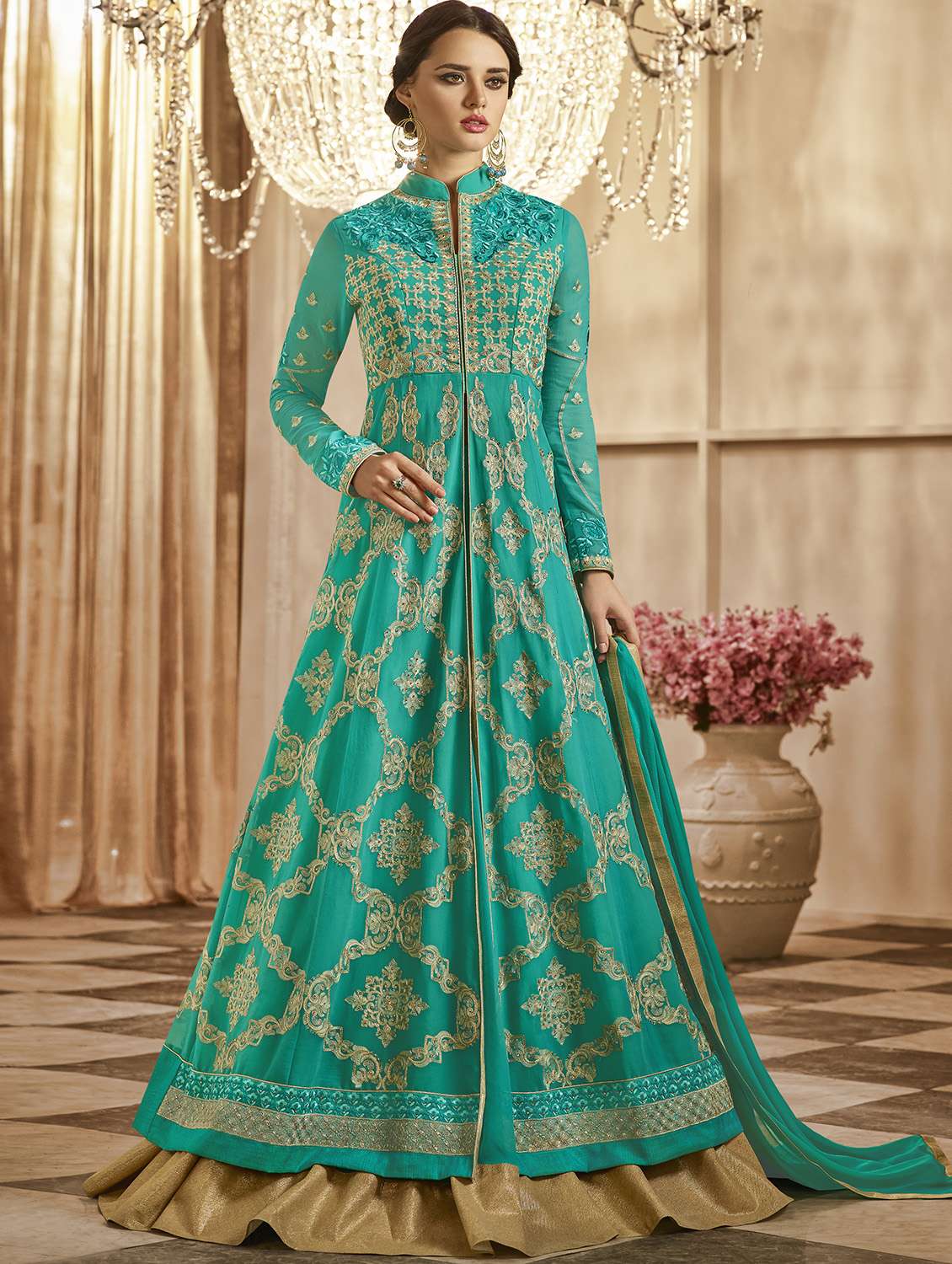 sky blue embroidered georgette semi-stitched skirt suit