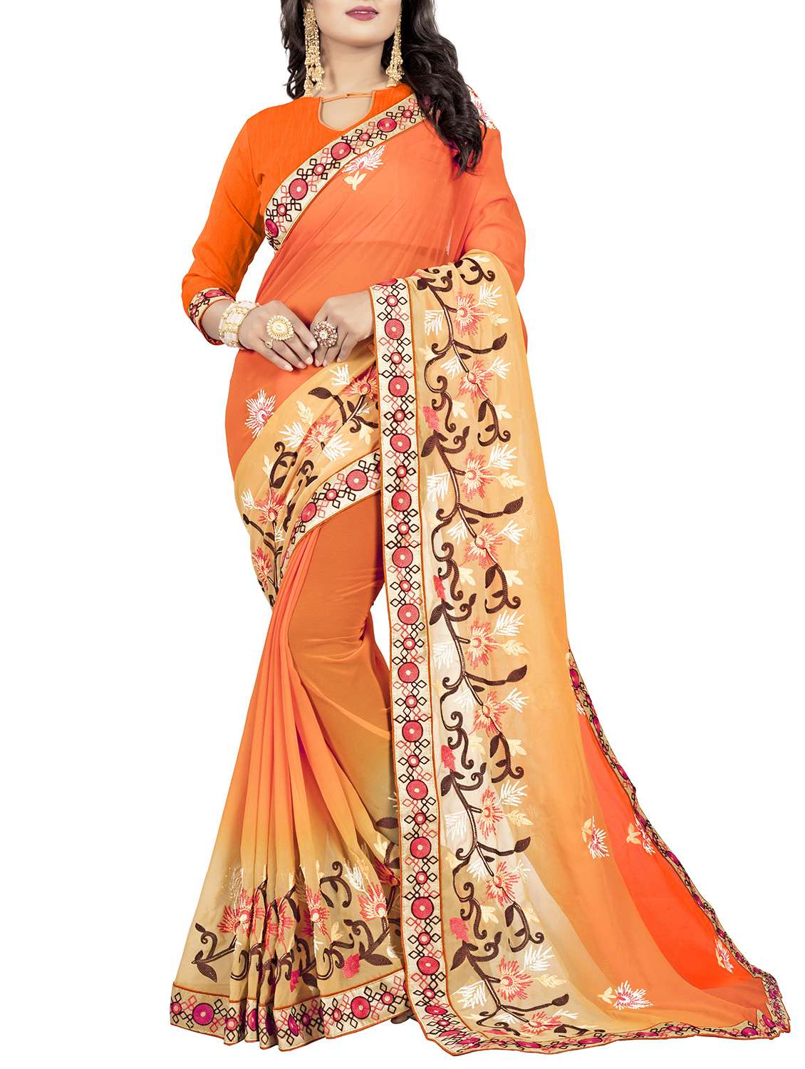 orange cotton silk embroidered saree with blouse