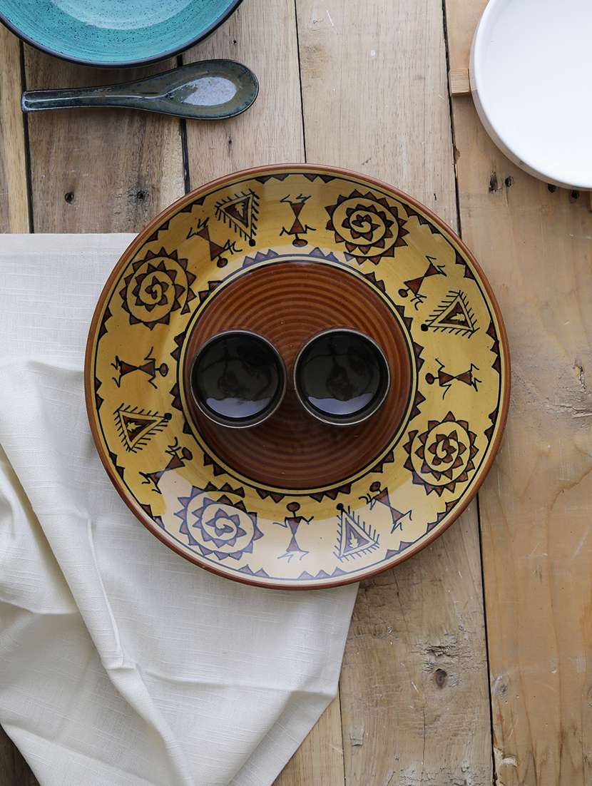 ceramic designer madhubani platter with attached bowls: brown