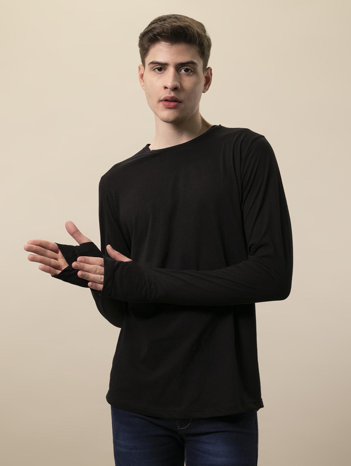 men black slim fit long sleeve solid t-shirt - 15092322 - Zoom Image - 0