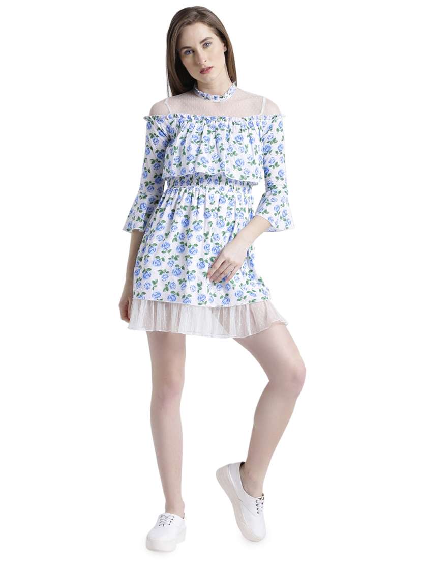 blue floral cotton a-line dress