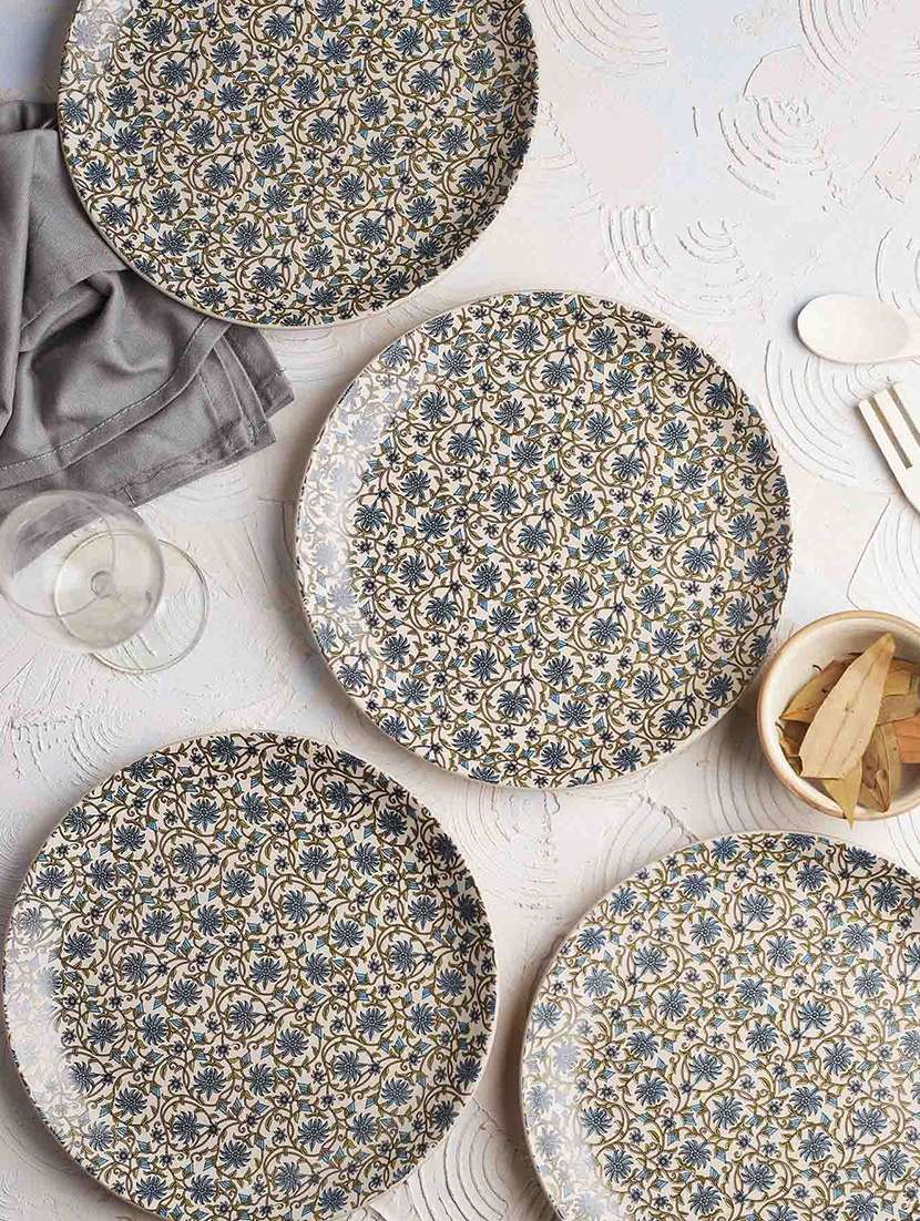 set of 4 handcrafted decal green flowers 7-inch  ceramic quarter plates