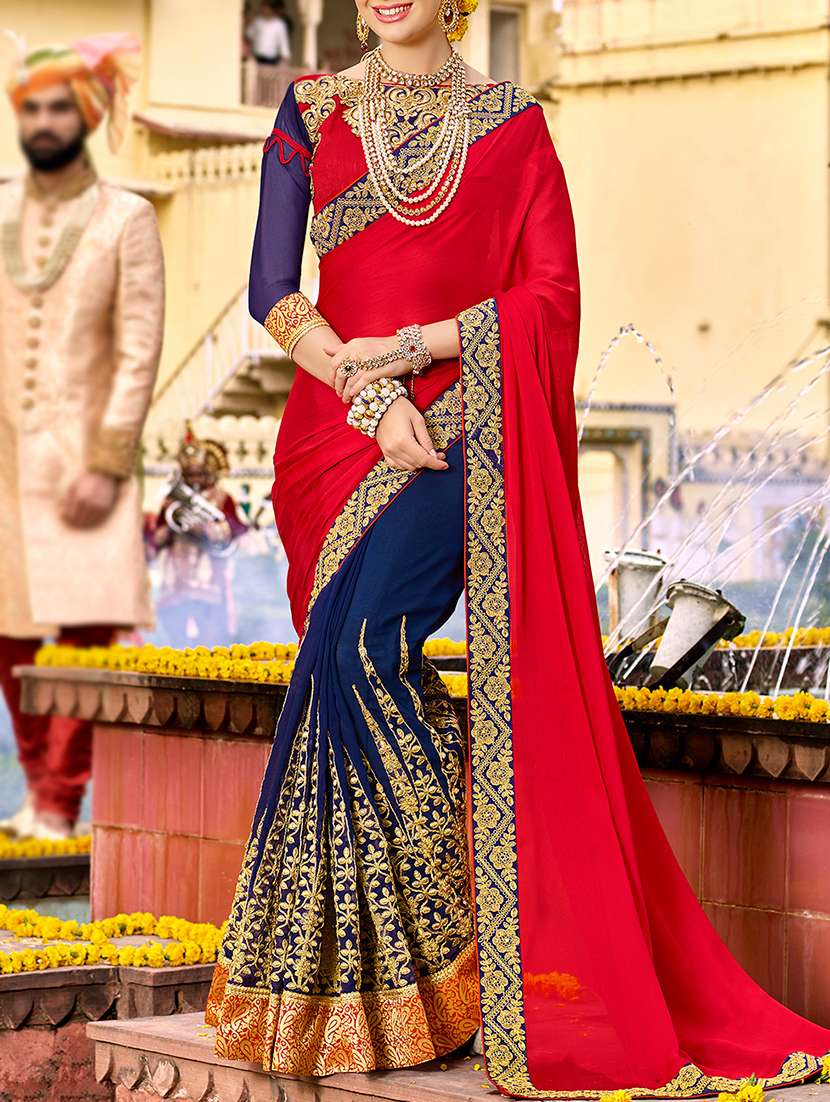 red georgette half and half saree with blouse