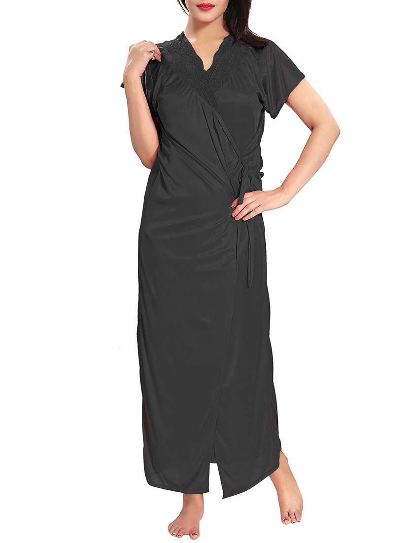 black solid sleepwear robe set - 15096525 -  Standard Image - 2
