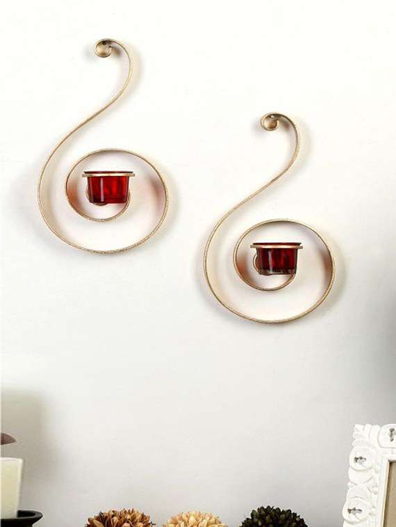 set of 2 metallic gold wall sconce with red and clear glasses