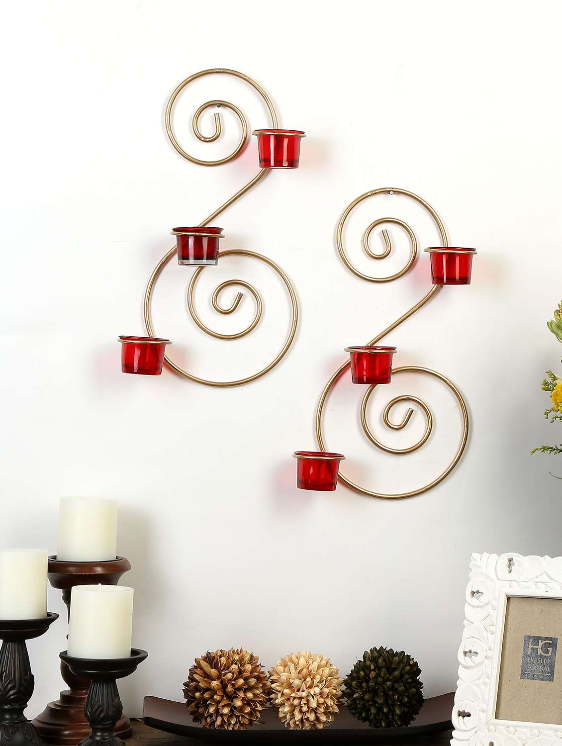 set of 2 metallic gold wall sconce with red and clear glasses