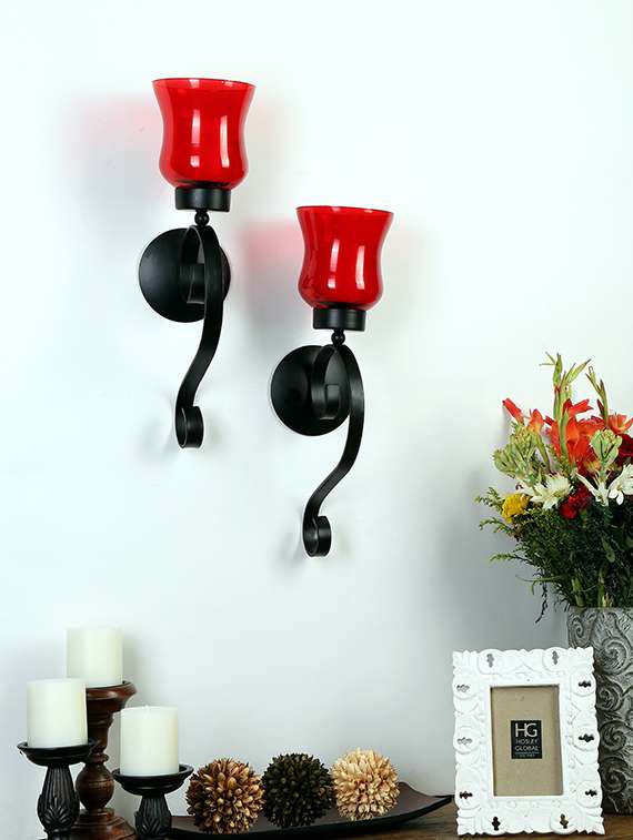 set of 2 decorative wall sconce/candle holder with red glass chimney and free candles  (black matte)
