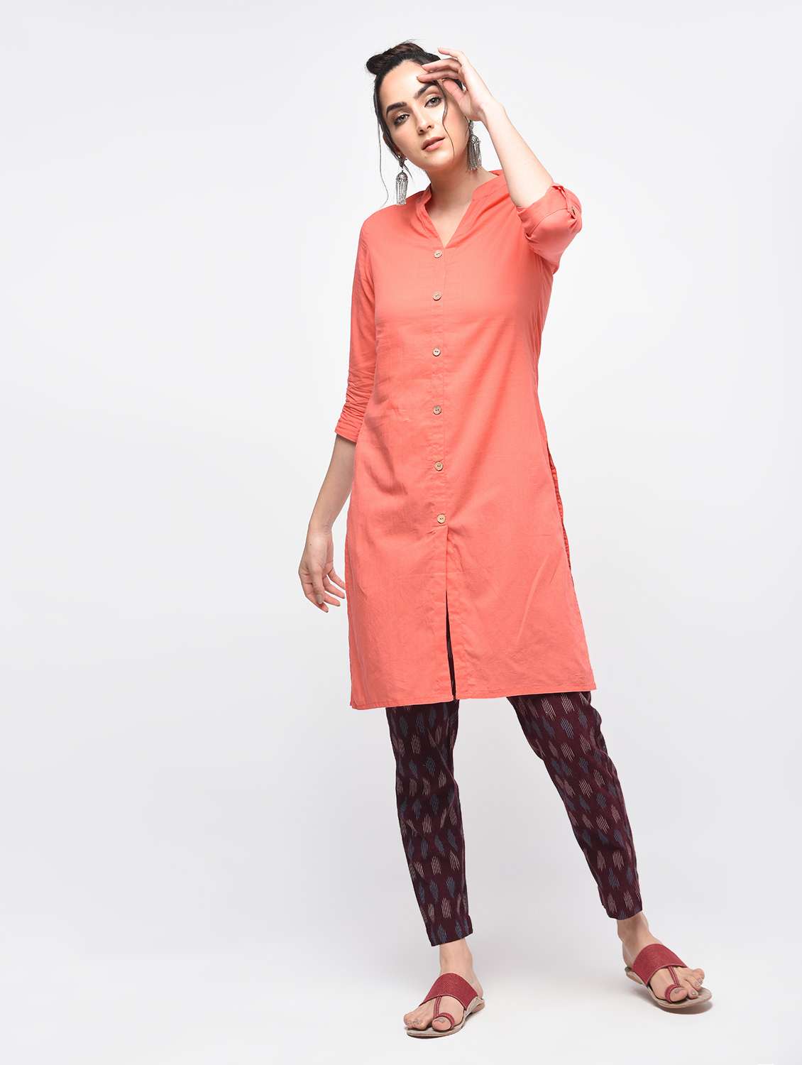 peach cotton solid kurta