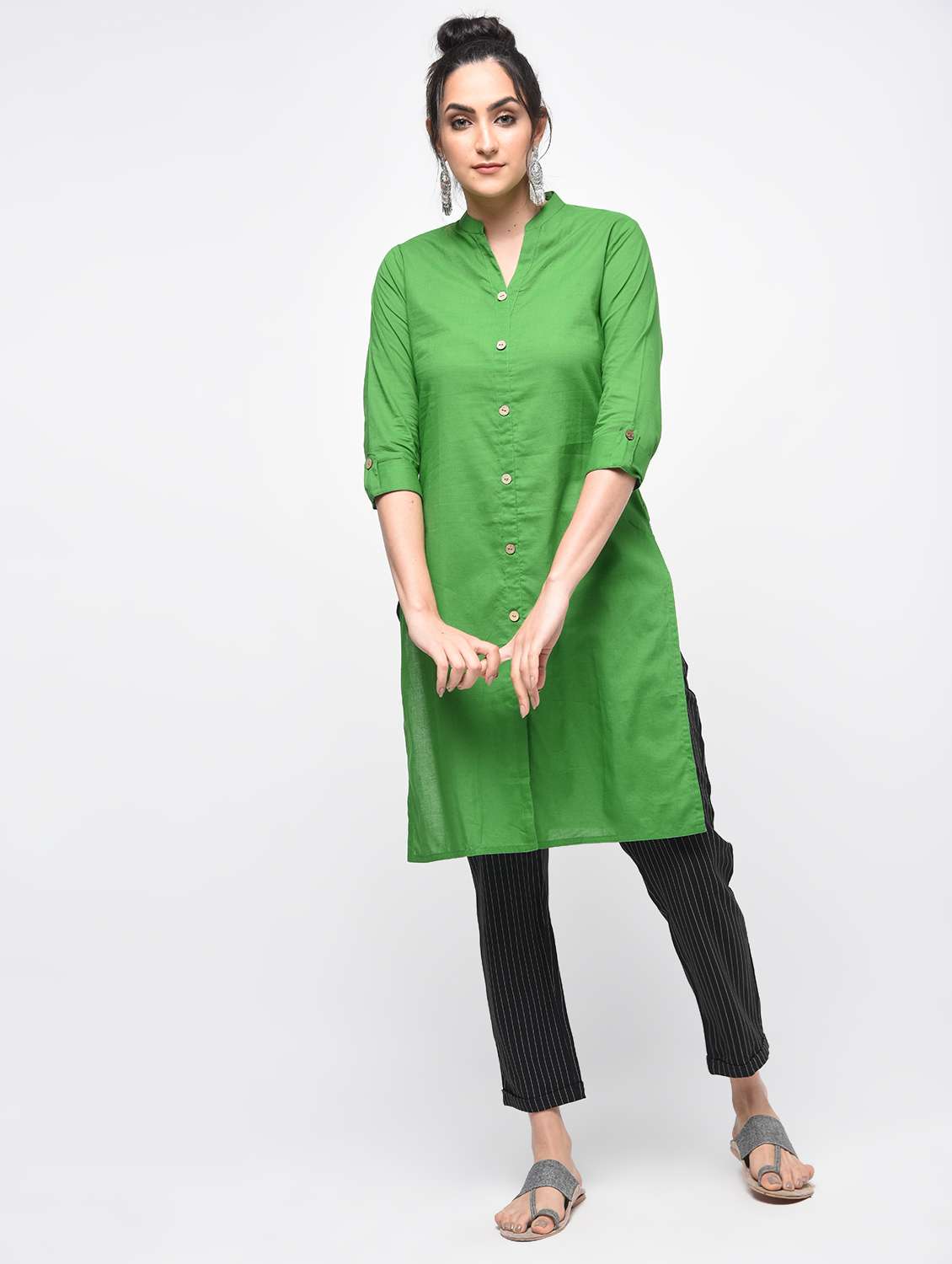 green cotton solid kurta