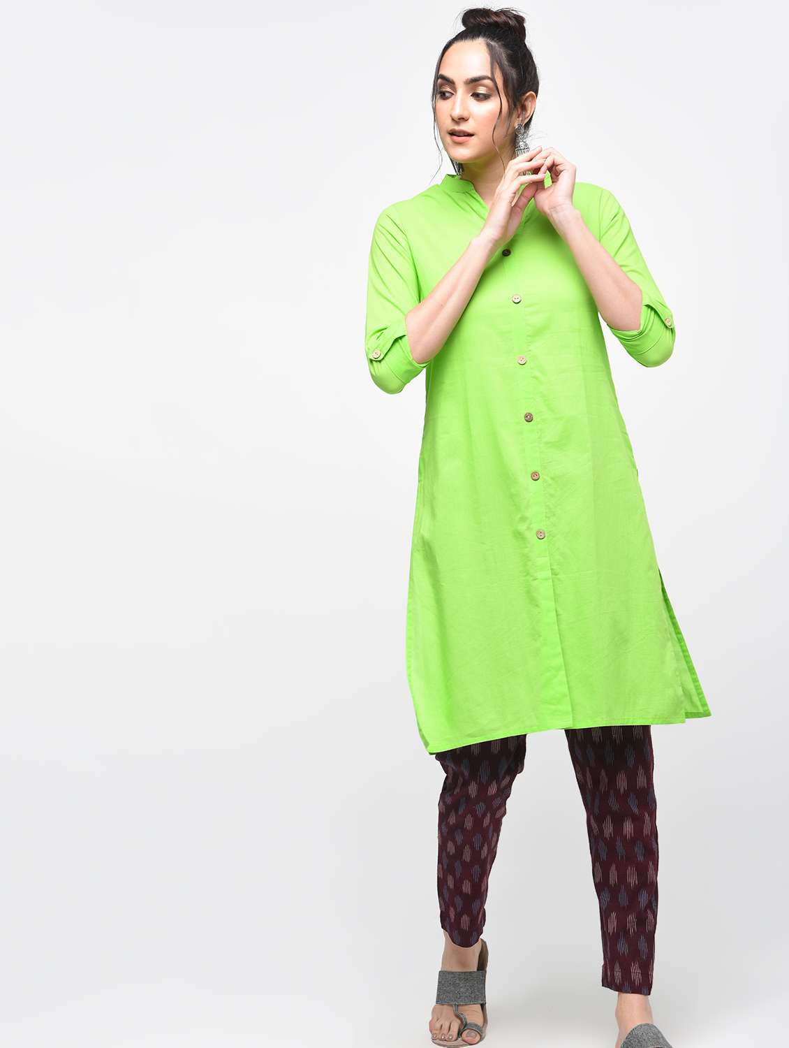 green cotton solid kurta