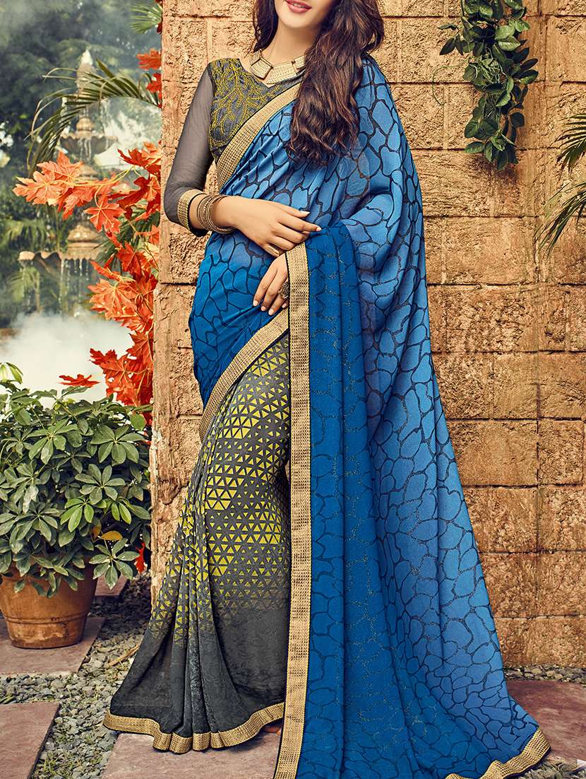 blue georgette half and half saree