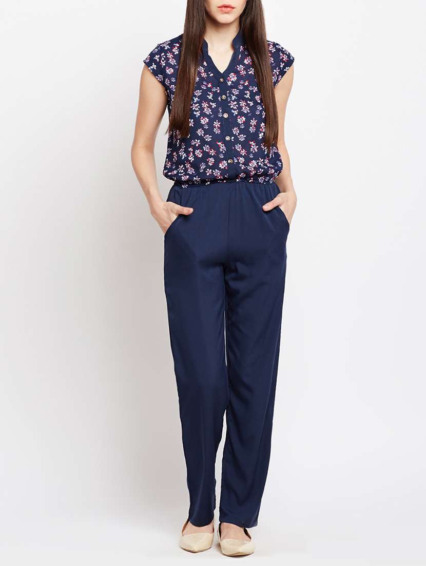 navy blue crepe floral full leg jumpsuit