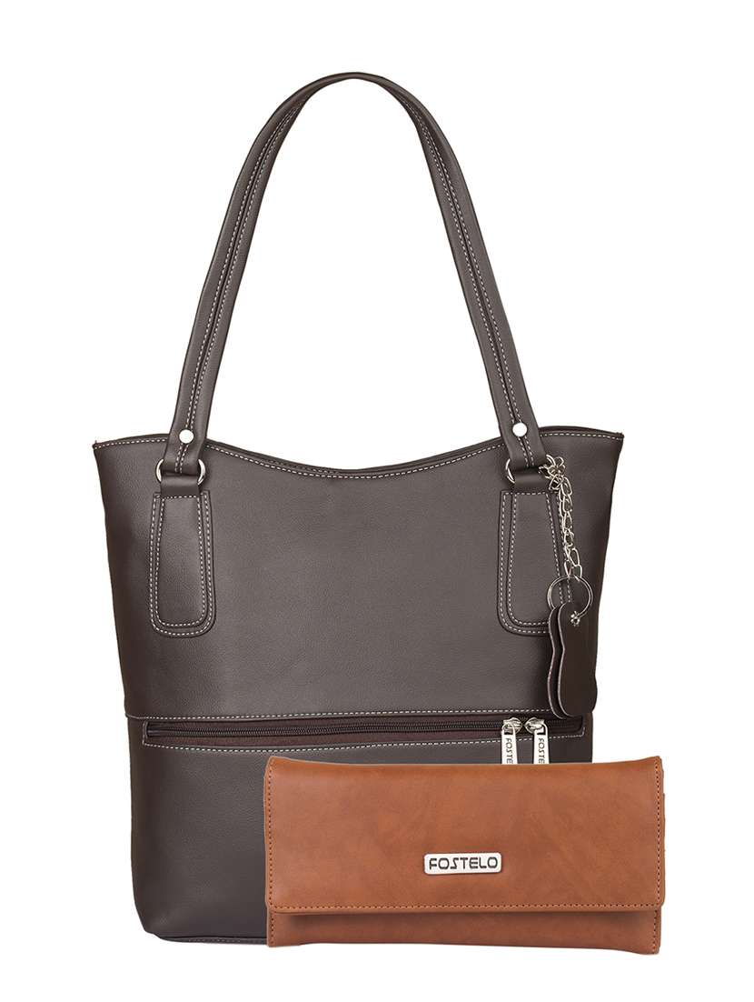 brown leatherette (pu) combo handbag