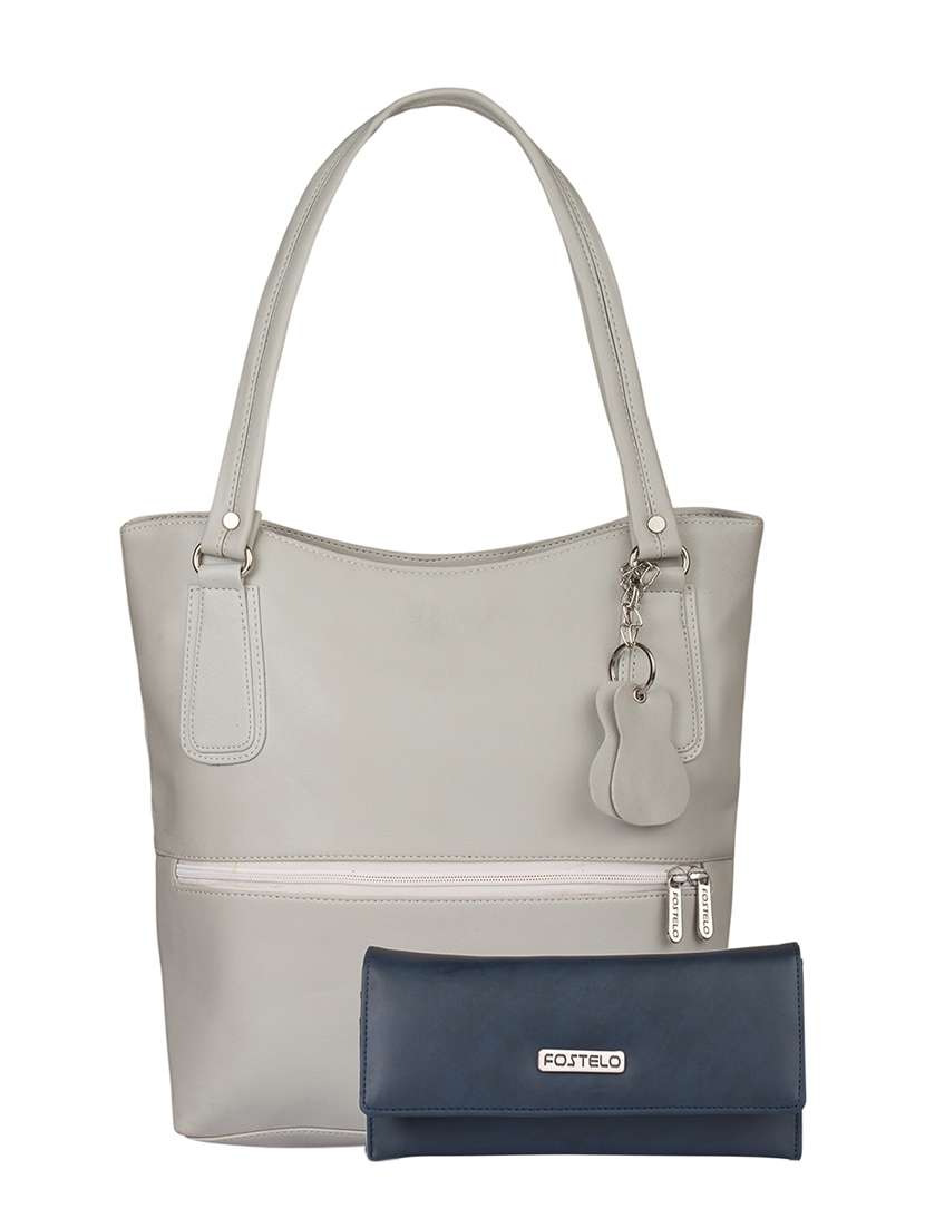 grey leatherette (pu) combo handbag