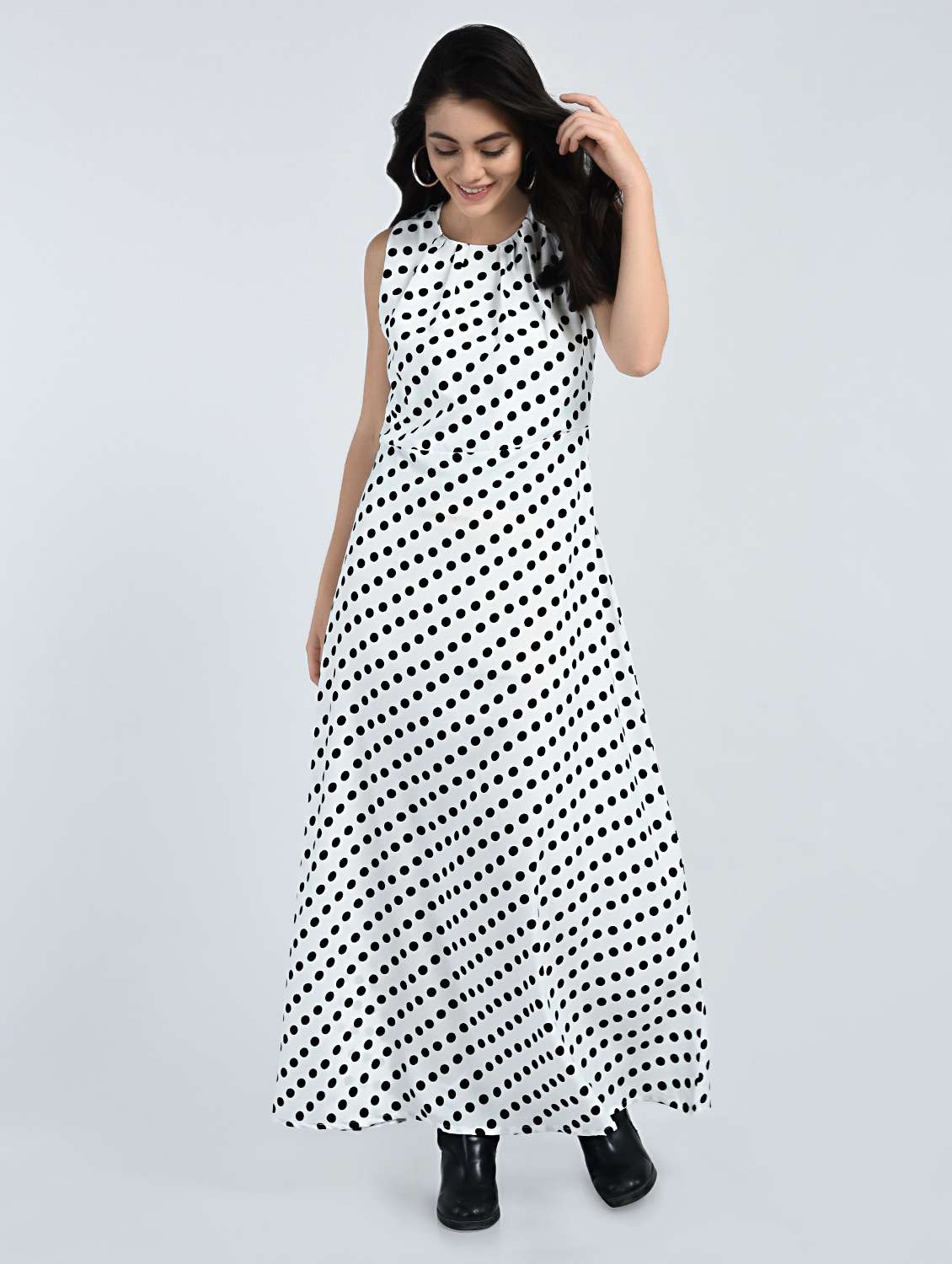 pleated neck polka doted maxi dress