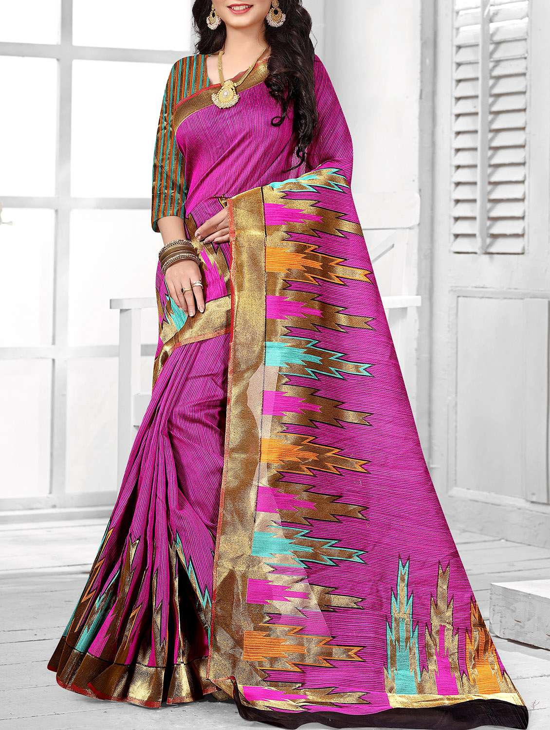 pink silk bordered saree with blouse