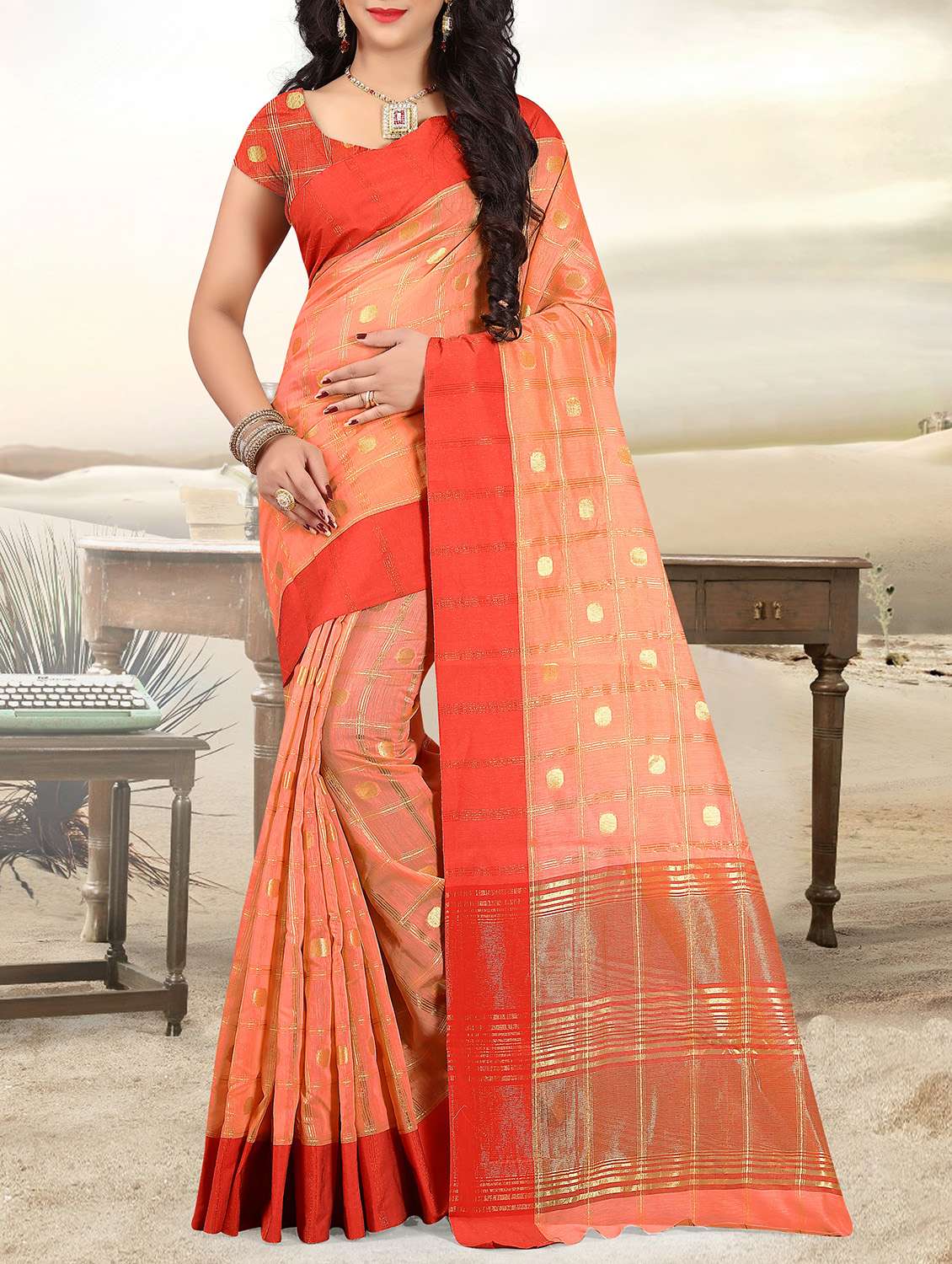peach cotton saree with blouse