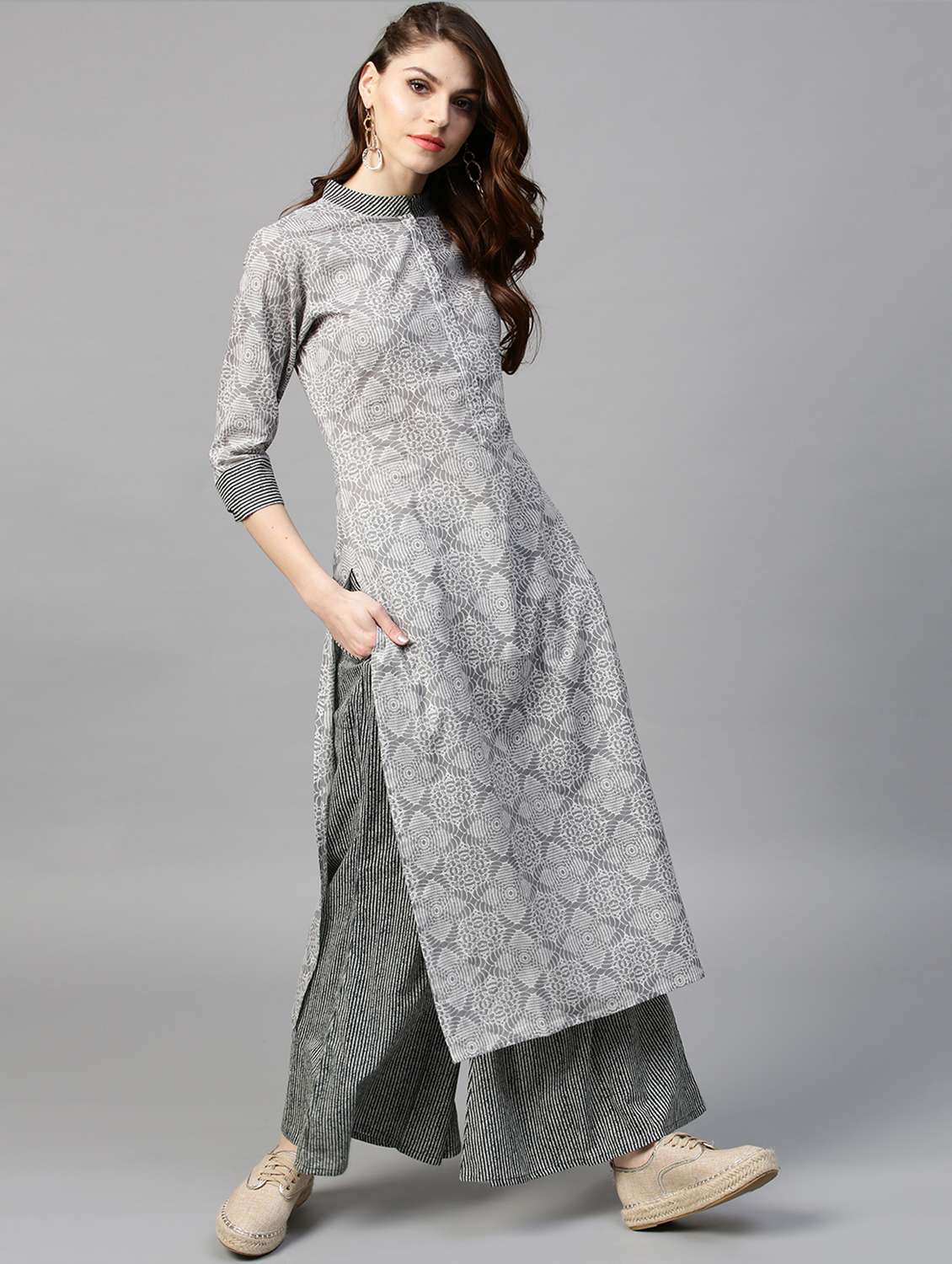 grey cotton printed kurta with palazzo