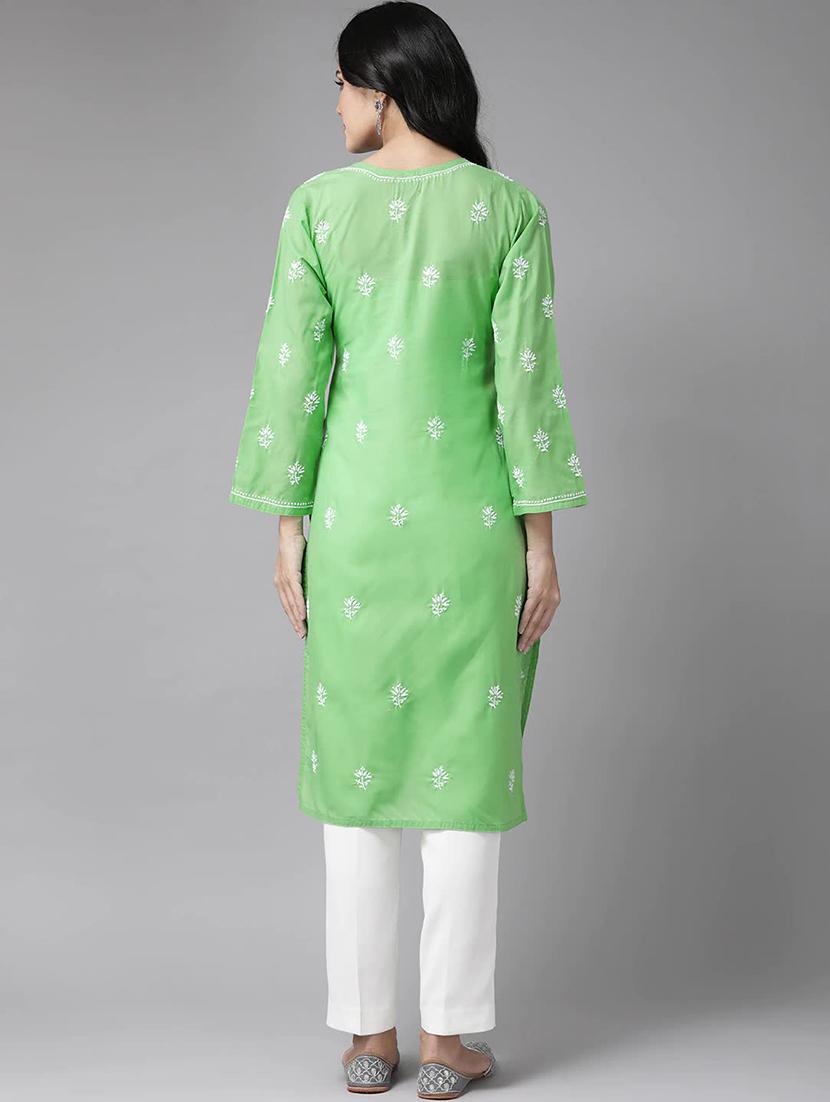cotton women straight chikankari green kurta - 15132014 - Standard Image - 2