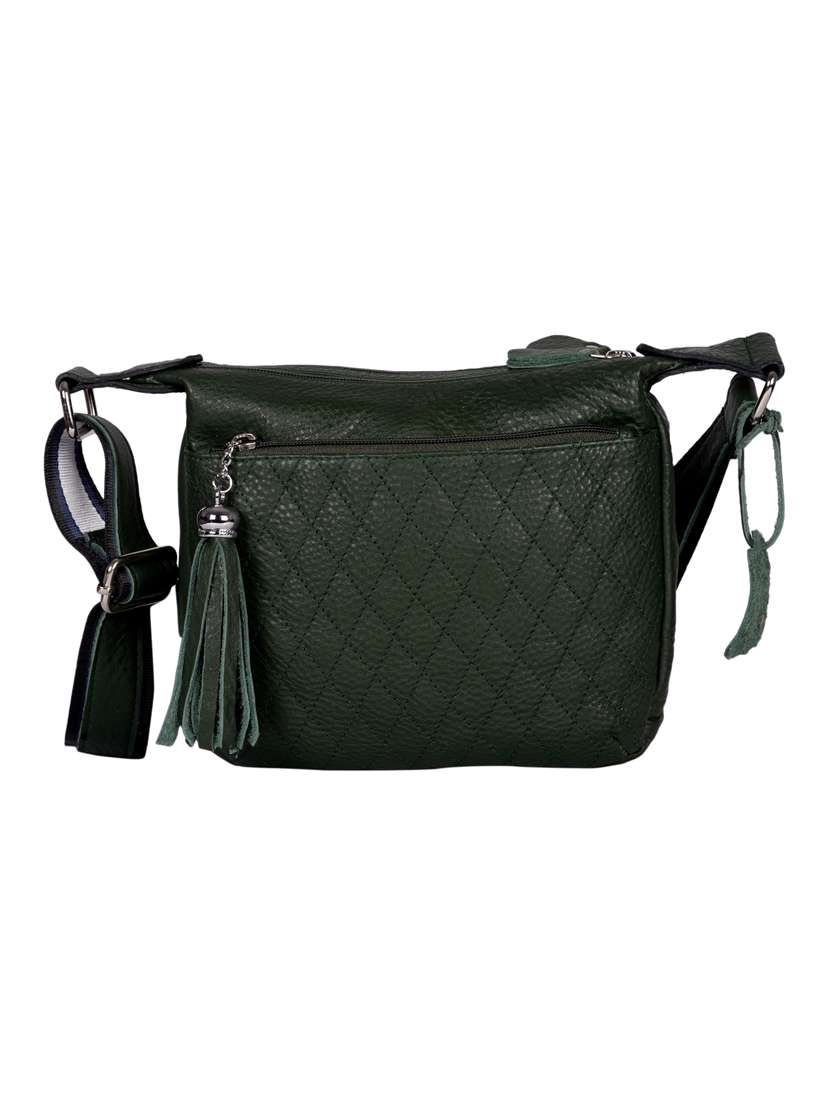 green leather sling bag
