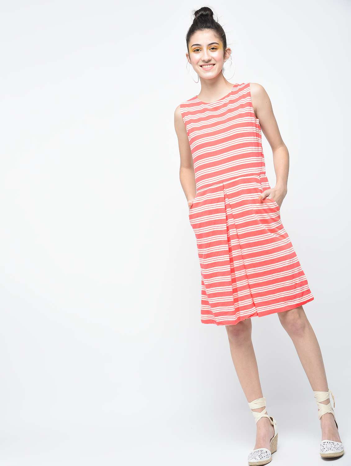pink striped cotton a-line dress