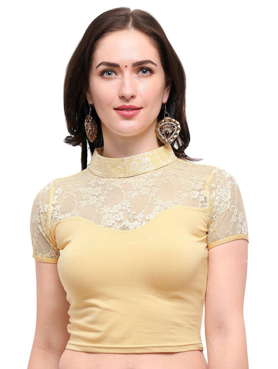 net yoke solid stitched blouse