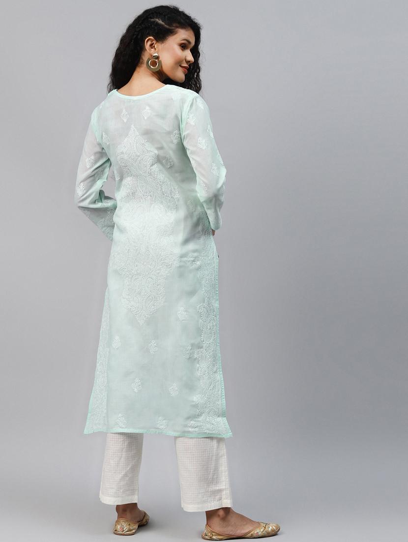 sea green cotton chikankari kurta - 15139266 - Standard Image - 2