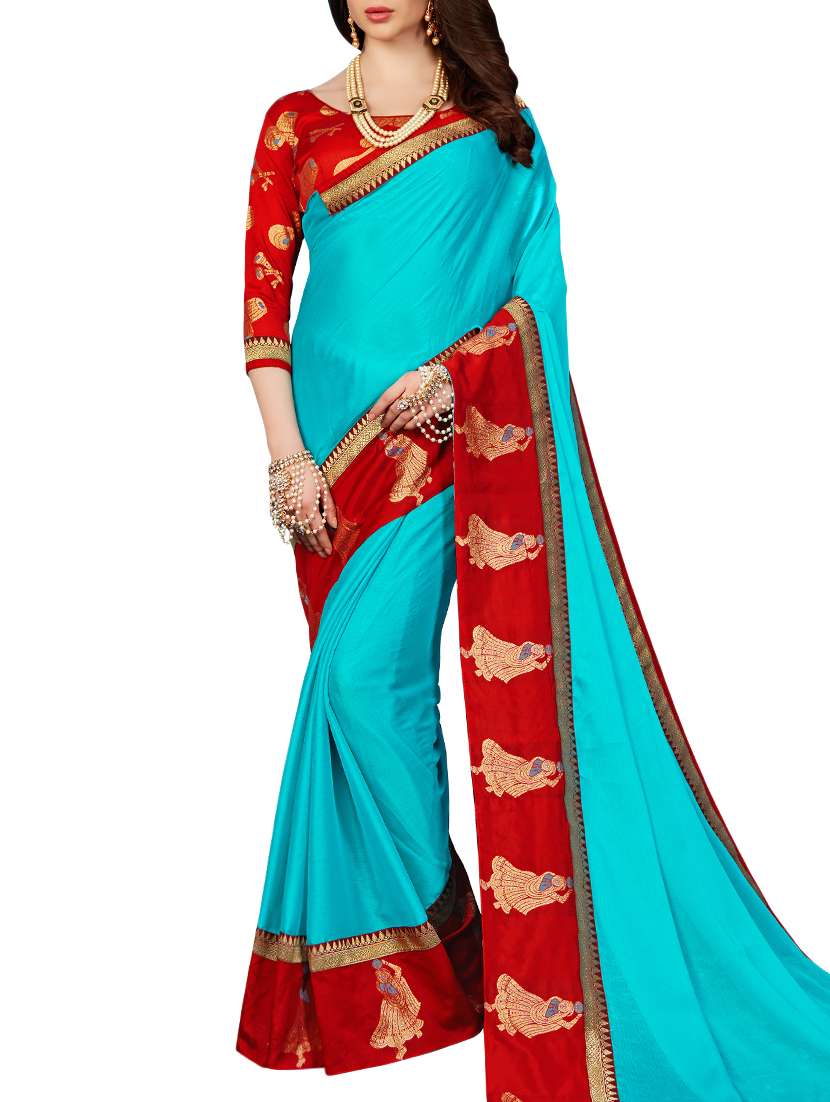 sky blue silk bordered saree with blouse
