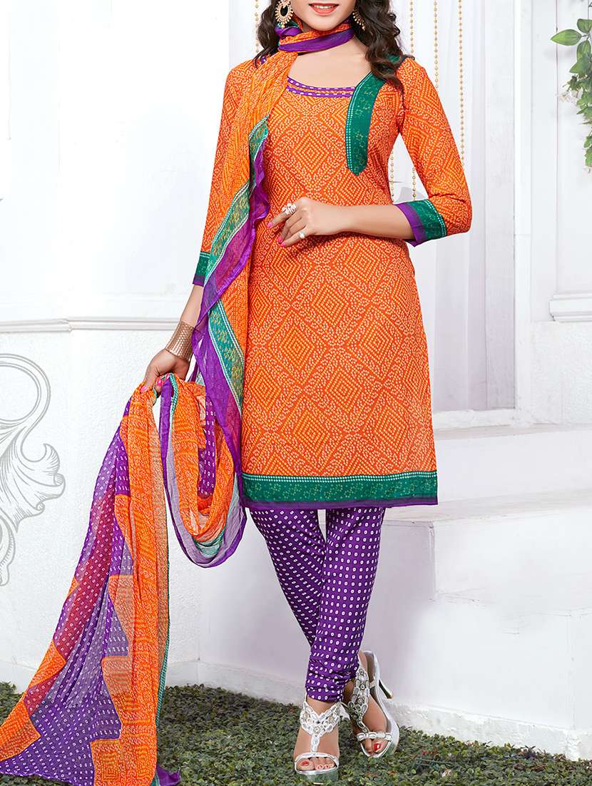 orange crepe unstitched churidaar suit
